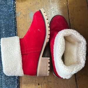 Red Suede Ankle Boots with Faux Fur Lining
